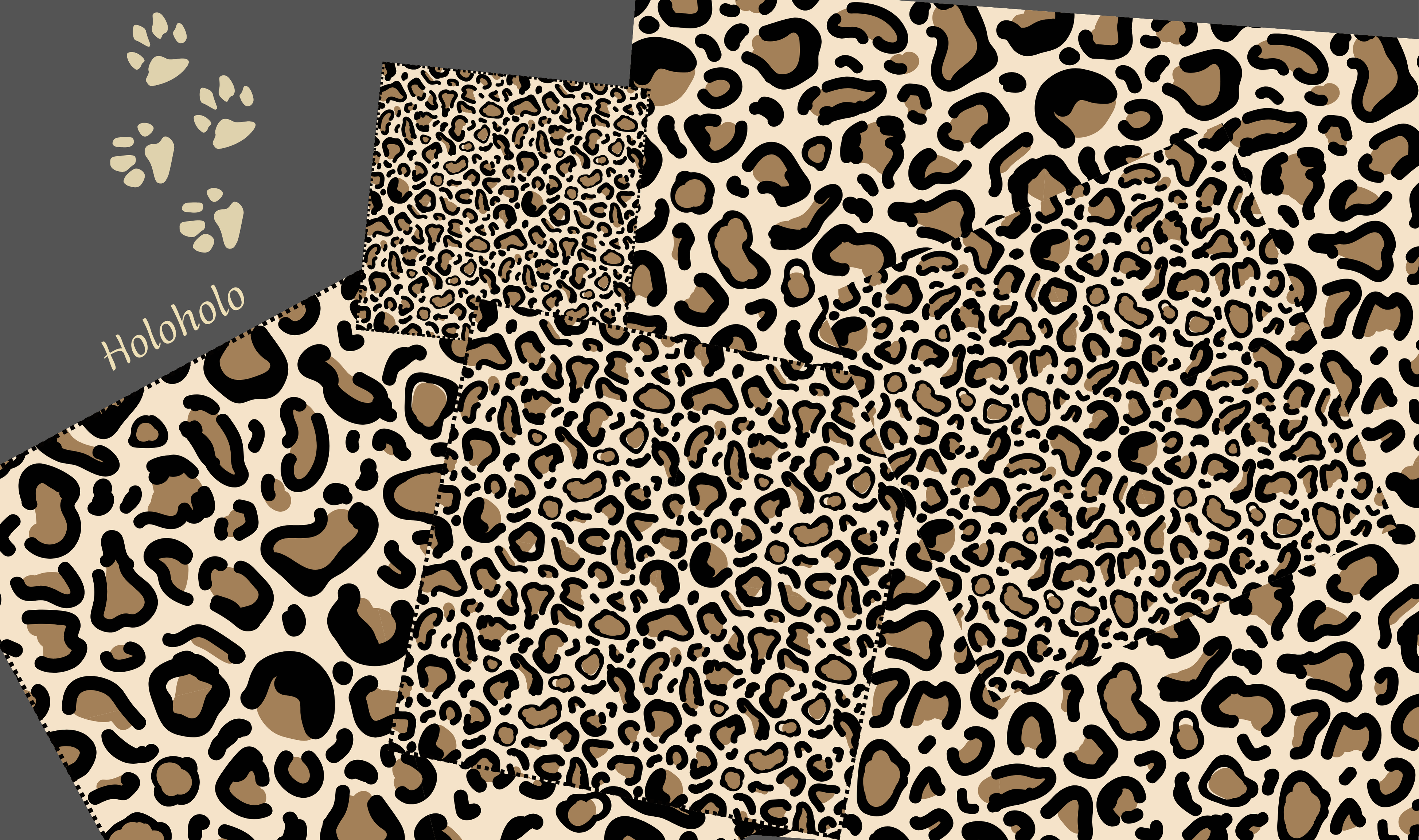 Leopard print pattern with 'Holoholo' branding on a gray background