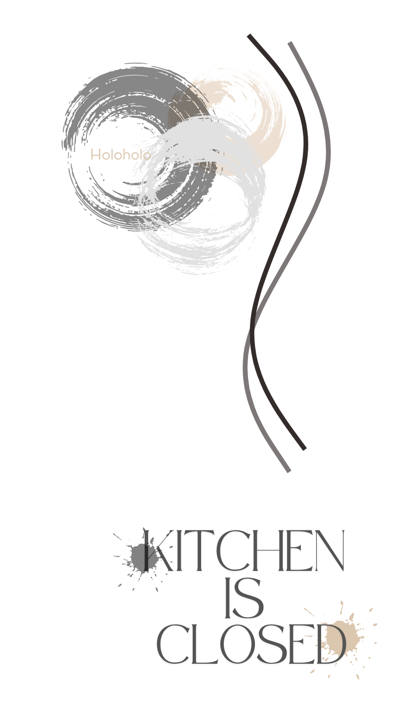 Decorative design with text 'KITCHEN IS CLOSED' and abstract elements on a white background