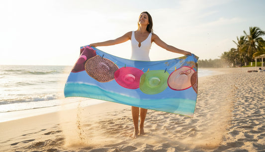 Holoholo-USA XL Beach Towel – Tropical Hats & Orchids | Sand-Free, Quick Dry